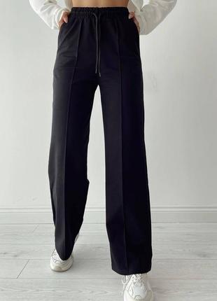 Широкие брюки со стрелками на высокой посадке и шнурке черные белые серые хаки стильные качественные7 фото