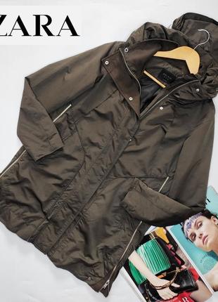 Стильная удлиненная куртка ветровка парка хаки zara 34/xs