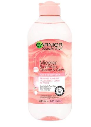 Garnier micellar rose water cleanse & glow міцелярна рожева вода 400 мл