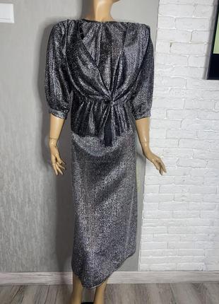 Винтажный серебристый костюм с люрексом блестящий набор блуза с актуальным в 2024 узелком и юбка винтаж