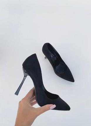 Шикарные женские черные туфли на каблуке, эко замша, 36-37-38-39