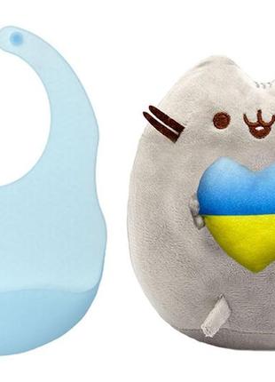 М'яка іграшка pusheen cat s&t із серцем і напівпрозорий силіконовий слинявчик блакитний (vol-10578)