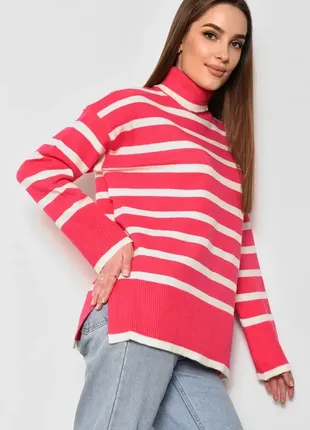 Стильный удлиненный полосатый свитер оверсайз под горло в полоску