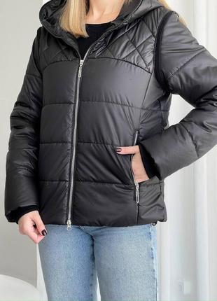 Куртка-жилетка женская, курточка батал с капюшоном и отстегивающимися рукавами, куртка жилетка черная