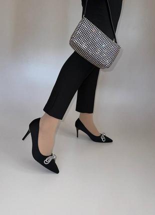 Шикарные женские туфли на каблуке, текстиль, черные, 36-37-38-39-40-416 фото