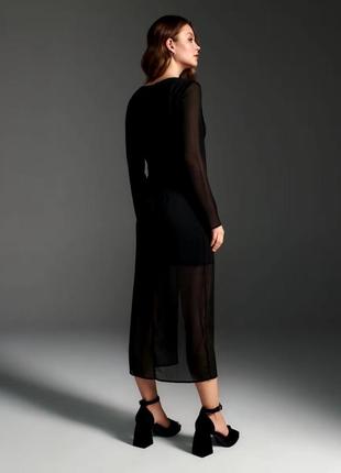 Тренд на прозрачность! черная миди платье с прозрачной верхней частью платья с разрезом длинный рукав3 фото