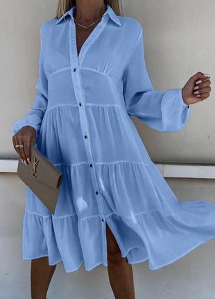 Стильное платье сорочка, легкое женское платье миди на пуговицах с длинным рукавом голубое1 фото
