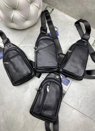 Мужская шикарная качественная и стильная сумка слинг из эко кожи черный5 фото