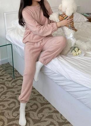 Махровая пижама свитшот оверсайз брюки свободные комплект синяя коричневая розовая серая плюшевая теплая для сна для дома4 фото