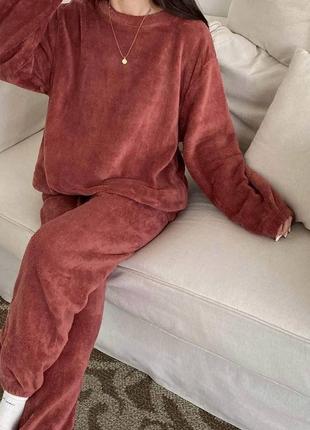 Махровая пижама свитшот оверсайз брюки свободные комплект синяя коричневая розовая серая плюшевая теплая для сна для дома3 фото