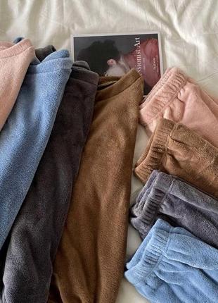 Махровая пижама свитшот оверсайз брюки свободные комплект синяя коричневая розовая серая плюшевая теплая для сна для дома7 фото