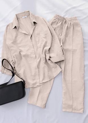 Женский оверсайз костюм двойка рубашки широкие брюки со стрелками стильный качественный комплект