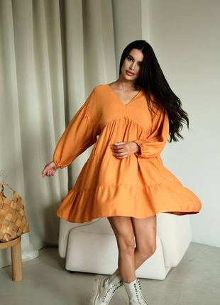 Нежное платье, р.уни, шелковый лен, оранжевый1 фото