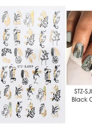3d наклейки, слайдери для дизайну нігтів, сусальне золото, голограма stz-sj009 black gold2 фото