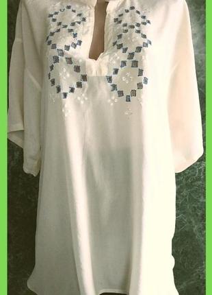 Блуза бежевая шелк р. m, l, xl фолк батал большой размер мексика handmade