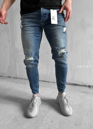 Мужские джинсы зауженные синие6 фото