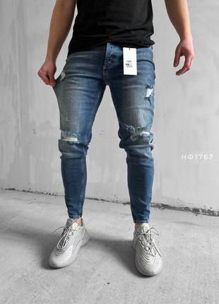 Мужские джинсы зауженные синие7 фото