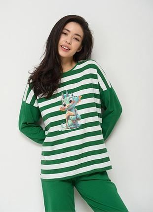 Жіноча піжама штани та кофта в смужку з драконом зелена 149325 фото