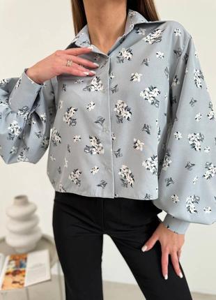 Стильная трендовая рубашка 42-48 темно-синяя, бежевая, серая в белые цветы4 фото