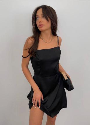Шелковое женское платье на бретельках, сексуальное мини платье, черное платье2 фото