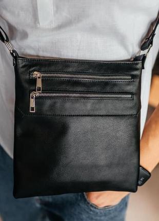 Елегантна чоловіча сумка через плече шкіра чорна double up yozone стильна шкіряна сумка для чоловіків3 фото