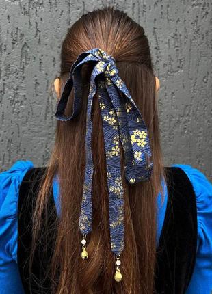 Стрічка для волосся у китайському стилі "золоті квіти" синя