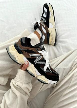 Жіночі кросівки new balance 9060 dark brown нью беланс чорного з білим та коричневим кольорів