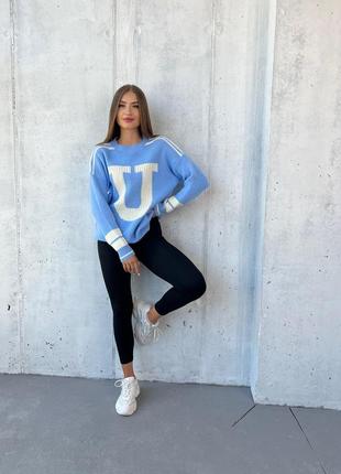 Жіночий стильний в'язаний светр з буквою блакитний довгий вільний розмір 42-46