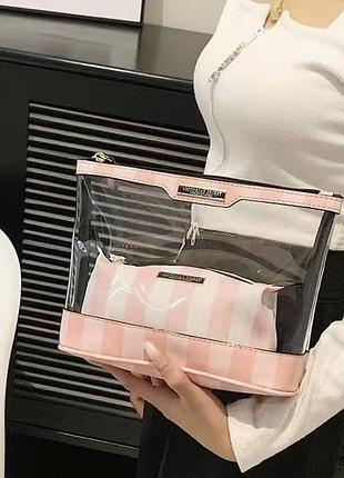 Набор косметичек victoria’s secret victoria's secret beauty bag duo, 2 в 1 в розовую полоску