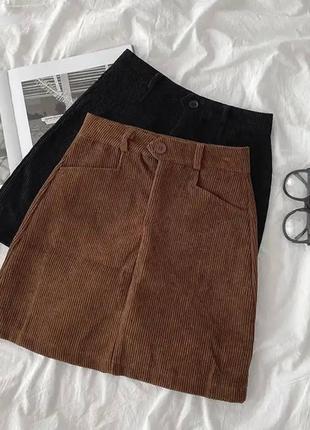 Женская коричневая стильная трендовая летняя мини-юбка из микровельвета.