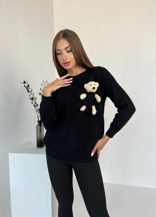 Женский стильный свитер ангора с игрушкой мишкой черный длинный свободный размер 42-46 кофта с медведем2 фото