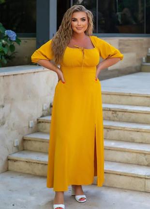 Плаття довге з ліхтариками з квадратним вирізом декольте зі складкою із завищеною талією з поясом батал бірюза біле чорне червоне жовте