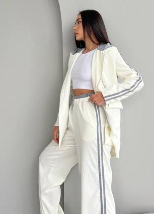 Костюм двойка вельветовый спортивный с лампасами жакет пиджак толстовка с капюшоном штаны широкие прямые палаццо синий коричневый молоко