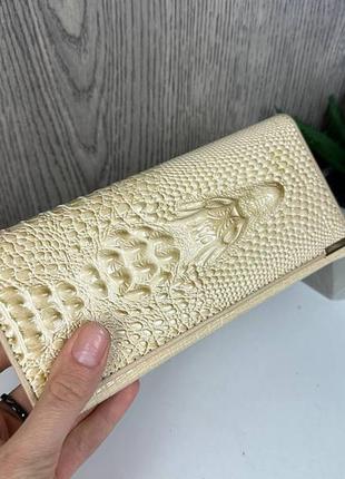 Кожаный женский кошелек крокодила, женский клатч-кошелек с крокодилом натуральная кожа бежевый