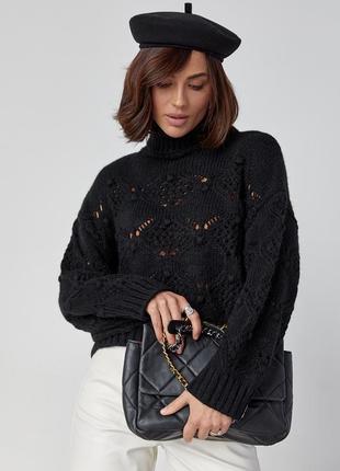Ажурный свитер с застежкой по бокам - черный цвет, s (есть размеры)8 фото