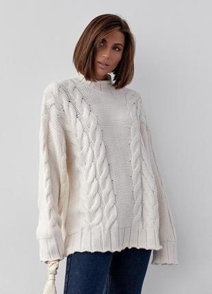 Вязаный свитер с косами oversize - кремовый цвет, l (есть размеры)10 фото