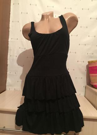Чёрный сарафан платье рюшами стрейчевое