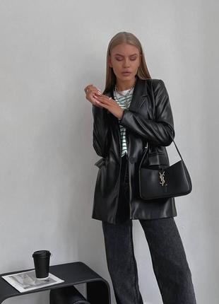 Женский пиджак эко-кожа оверсайз деловой тренд на каждый день черный4 фото