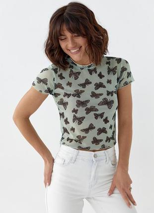 Жіноча топ-футболка із сітки — смарагдовий колір, s (є розміри)
