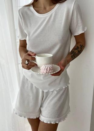 Домашний костюм ткань трикотаж в рубчик женская пижама комплект футболка шорты резинка для волос5 фото