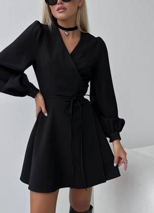 Женское легкое элегантное платье на запах классическое деловое длинный рукав черный, серый4 фото