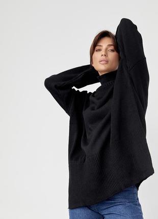 Женский вязаный свитер oversize с разрезами по бокам - черный цвет, l (есть размеры)8 фото