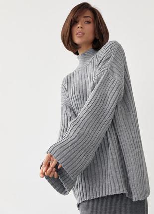 Женский вязаный свитер oversize в рубчик - серый цвет, l (есть размеры)7 фото
