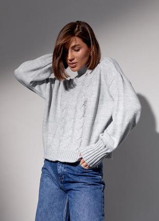 Вязаный женский свитер с косами - серый цвет, l (есть размеры)5 фото
