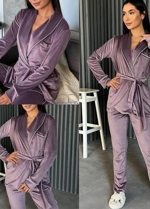 Женская велюровая пижама на запах домашний комплект с поясом и карманом5 фото