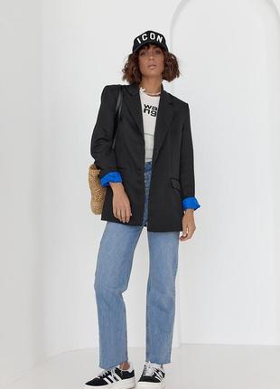 Женский пиджак с цветной подкладкой - черный цвет, l (есть размеры)4 фото