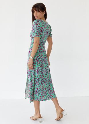 Платье миди с разрезом в цветочный принт - зеленый цвет, s (есть размеры)2 фото