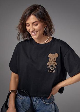 Укороченная футболка с медвежонком и надписью awesome and funny - черный цвет, m (есть размеры)5 фото