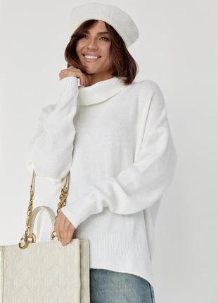 Женский свитер oversize с разрезами по бокам - молочный цвет, l (есть размеры)6 фото
