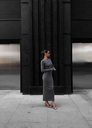 Жіноча довга сукня в обтяжку стильна модна закрита сексі довгий рукав ділова чорний графіт2 фото